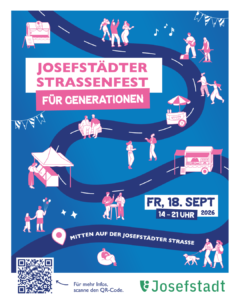 Das Foto zeigt den Stand der Bafep8 bei einem Josefstädter Straßenfest. Elternvertreter:innen und Schüler:innen sitzen und stehen vor einem weißen Pavillonzelt, während sie sich mit Besucher:innen unterhalten oder das Fest genießen. Im Vordergrund rechts ist ein Aufsteller mit dem Logo und Informationen von BAFEP8 zu sehen.